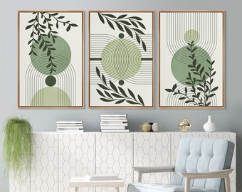 Framed Canvas Set of 3 Abstract Wall Art Prints Botanical Floral Sage Green Artwork Mid-Century Boho Wall Art Living Room