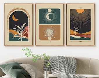 Boho Wall Art Set of 3 Moon and Botanical Flower Wall Art Mid-Century Modern Decor Retro Artwork Home Wall Prints Decor