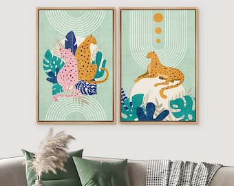 Print Set of 2, Mid-Century Modern, Tropical Cheetah Cats, Jungle Plant, Nature and Animal Artwork, Bohemian Decor, Framed Canvas Wall Art