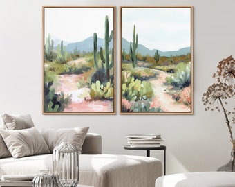Framed Canvas Wall Art Print Set of 2, Green Cactus Desert, Southwest Desert Landscape Print, Western Joshua Tree Wall Decor