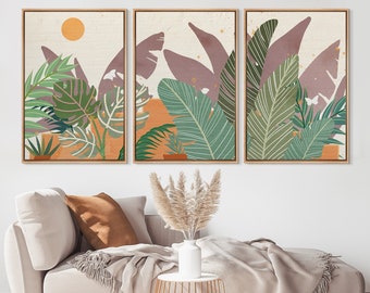 Boho Wall Art Set of 3 Tropical Wall Art Print Palm Leaf Landscape Botanical Flower Wall Artwork Mid-Century Nature Wall Art Decor