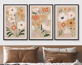 Scandinavian Abstract Floral Wall Art Set of 3, Framed Boho Wildflower Botanical Canvas Print, Modern Minimalist Decor for Bedroom