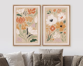 Set of 2 Boho Wall Art Prints Floral Botanical Nature Framed Wall Art Mid-Century Modern Wall Art Decor for Living Room Bedroom