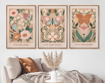 Impresión botánica, juego de pósteres de mariposas, impresión artística floral de flores silvestres, mariposa monarca, arte de pared de mediados de siglo, juego de impresiones en lienzo enmarcado estilo bohemio