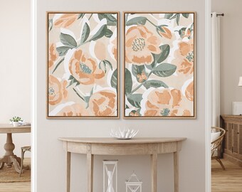 Mid-Century Modern Flower Print, Light Orange Watercolor Wall Art, Botanical Plants Leaves, Eclectic Nature Canvas Art, Neutral Prints Decor
