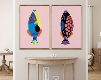 Framed Canvas Wall Art Set Fish Painting Modern Lake House Decor Colorful Fishing Gift Fisherman Art Coastal Art Paintings for Beach House