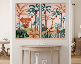Framed Canvas Print Wall Art Set Elephant & Giraffe in Tropical Jungle Safari Nature Forest Animal Digital Art Modern Art Decorative