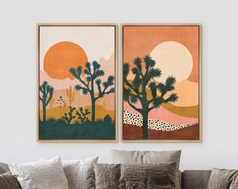 Framed Desert Sunset Wall Art Set, Boho Southwestern Landscape Canvas Print, Joshua Tree Desert Artwork, Warm Earth Tone Decor
