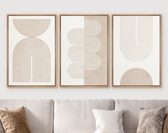 Framed Canvas Wall Art Set of 3 Geometric Beige Spiral Wave Mid Century Modern Organic Abstract Neutral Art Prints Nordic Boho Wall Decor