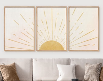 Tryptic Boho Wall Art Prints, 3 Piece Framed Canvas Wall Art, Sun Rays Prints,, Mid Century Modern Home Artwork, Neutral Decor for Bedroom