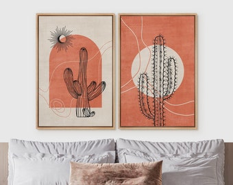 Set of 2, Western Wall Art Prints, Southwest Cactus Desert Landscape, Abstract Botanical Flower, Nature Boho Decor, Mid-Century Modern