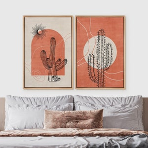 Set of 2, Western Wall Art Prints, Southwest Cactus Desert Landscape, Abstract Botanical Flower, Nature Boho Decor, Mid-Century Modern