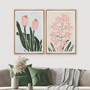 Framed Canvas Wall Art Set of 2, Abstract Pink Tulip Garden Flowers, Floral Botanical Art Prints, Nature Artwork
