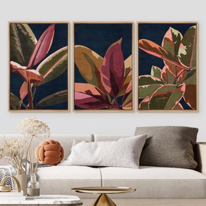Framed Canvas Wall Art Set of 3 Tropical Jungle Banana Leaf Botanical Floral Art Prints Mid-Century Modern Wall Art Living Room