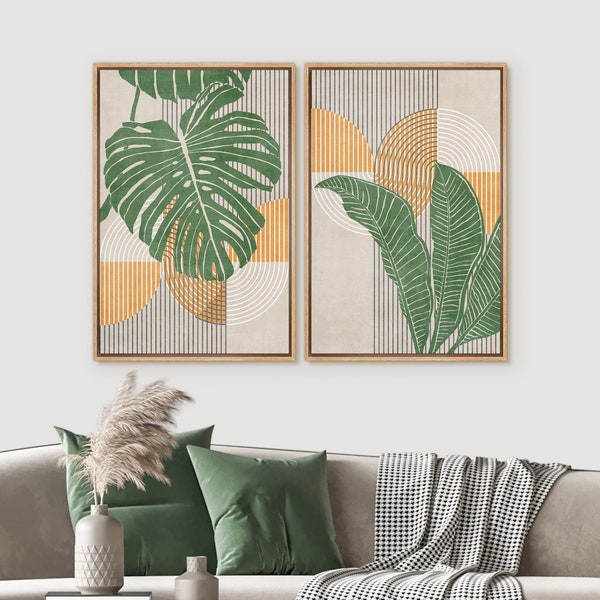 Framed Canvas Print Wall Art Set Green Tropical Jungle Monstera Palm Leaves Abstract Shapes Mid-Century Modern Art Neutral Boho Decor