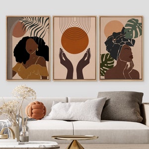 Framed Canvas Wall Art, Prints Set of 3, Stylish Black Woman, Female Portrait, Mid-Century Modern, Abstract Jungle Plant, Bohemian Wall Art