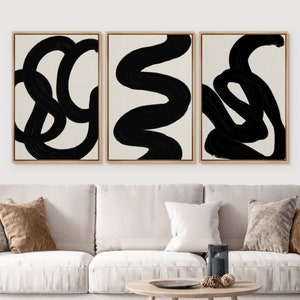 Set of 3 Framed Canvas Abstract Wall Art Black and White Geometric Prints Minimalist Mid Modern Wall Art Boho Wall Decor Print