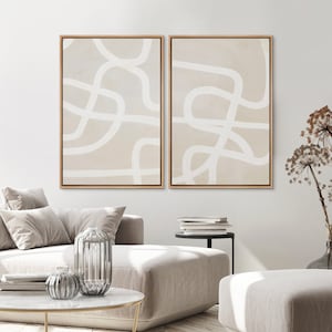 Framed Wall Art Print Mid-Century Beige White Geometric Spiral Ring Paint Strokes Shapes Polygons Abstract Minimalist Neutral Decor