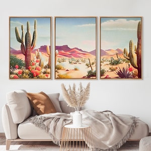 Framed Canvas Wall Art Set of 3 Desert Landscape Prints Botanical Cactus Floral Boho Wall Art Mid-Century Modern Print