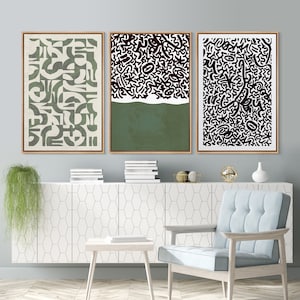 Mid-Century Modern, Sage Green Geometric Print, Abstract Minimalism Wall Art, Black & White Artwork, Neutral Canvas Wall Art, Set of 3
