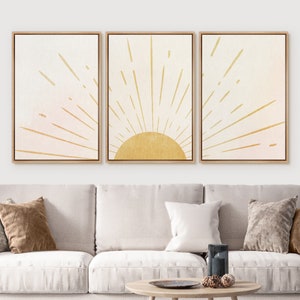 Framed Boho Sun Wall Art Set of 3, Japandi Scandinavian Neutral Sunrise Canvas Prints, Minimalist Gold Abstract Decor for Living Room