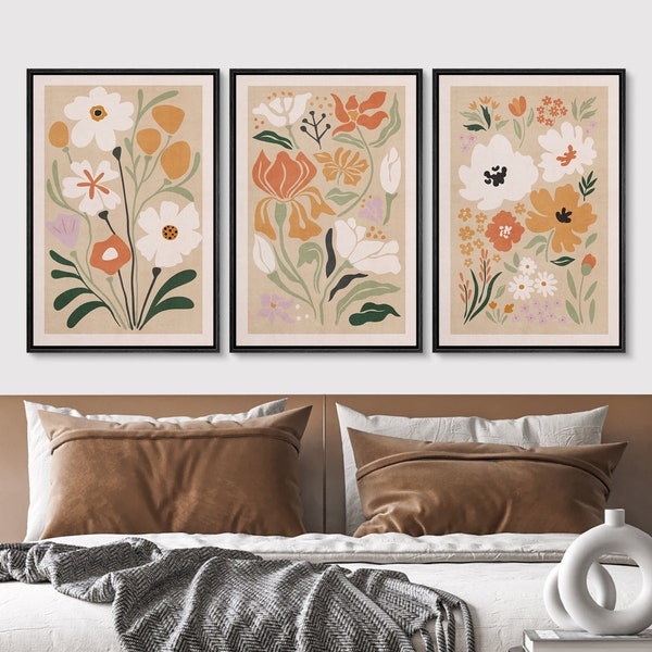 Boho Wall Art Prints, Mid Century Modern Minimalist Boho Wall Art Framed Botanical Flower Art print for Bedroom