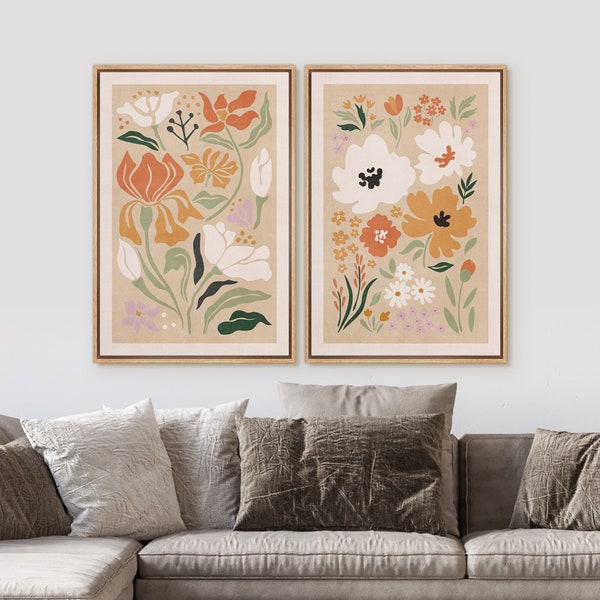 Set of 2 Boho Wall Art Prints Floral Botanical Nature Framed Wall Art Mid-Century Modern Wall Art Decor for Living Room Bedroom