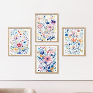 Impresión en lienzo enmarcada Arte de pared Conjunto Impresión botánica Flores silvestres azules y rosas Bosque Naturaleza Desierto Arte digital Arte moderno Decorativo Floral