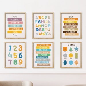 Juego de carteles educativos, decoración del aula, carteles de aprendizaje para la educación en el hogar, decoración del aula Montessori, decoración de guardería, números, alfabeto