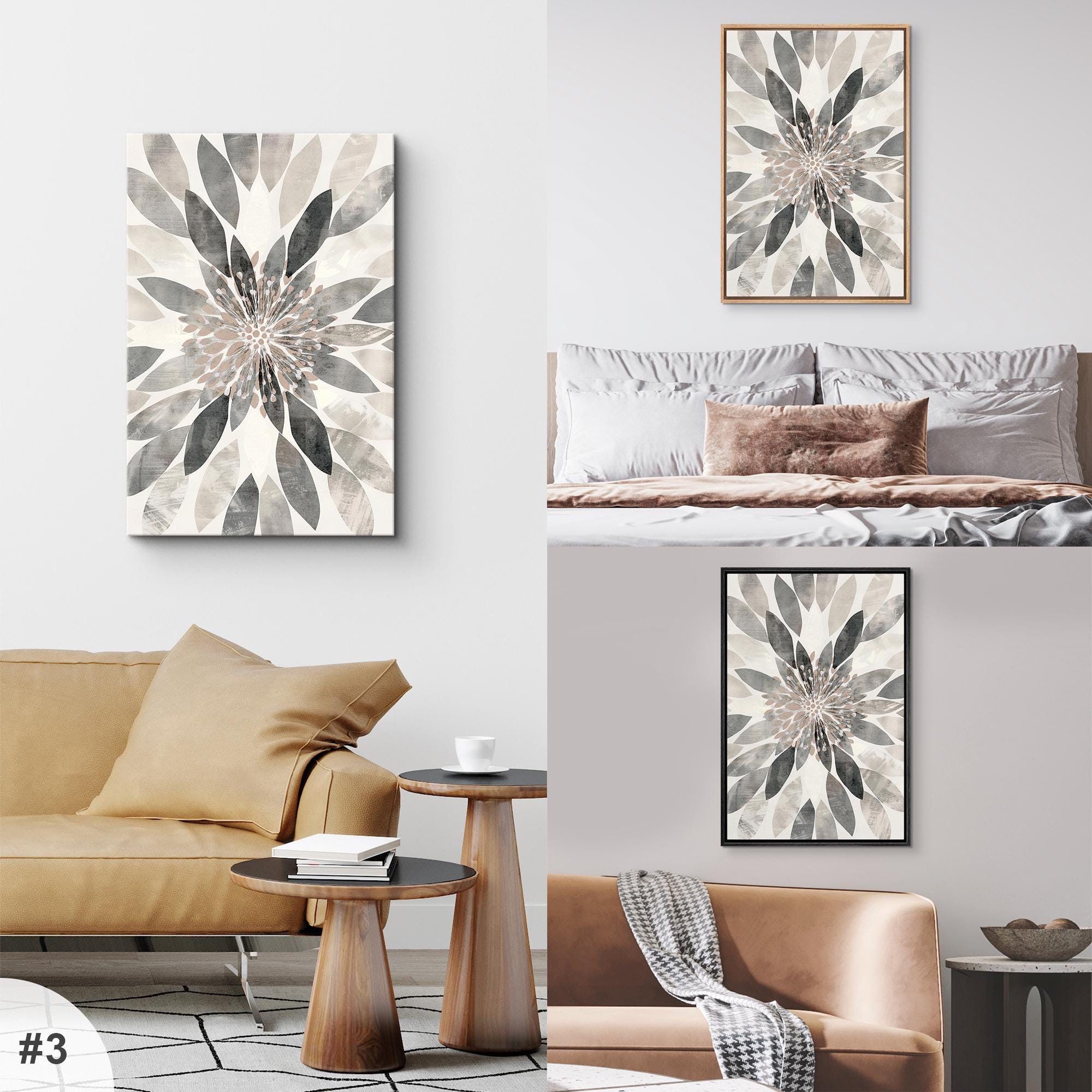 Framed Canvas Wall Art Prints Set of 3 Abstract Geometric Flower ...