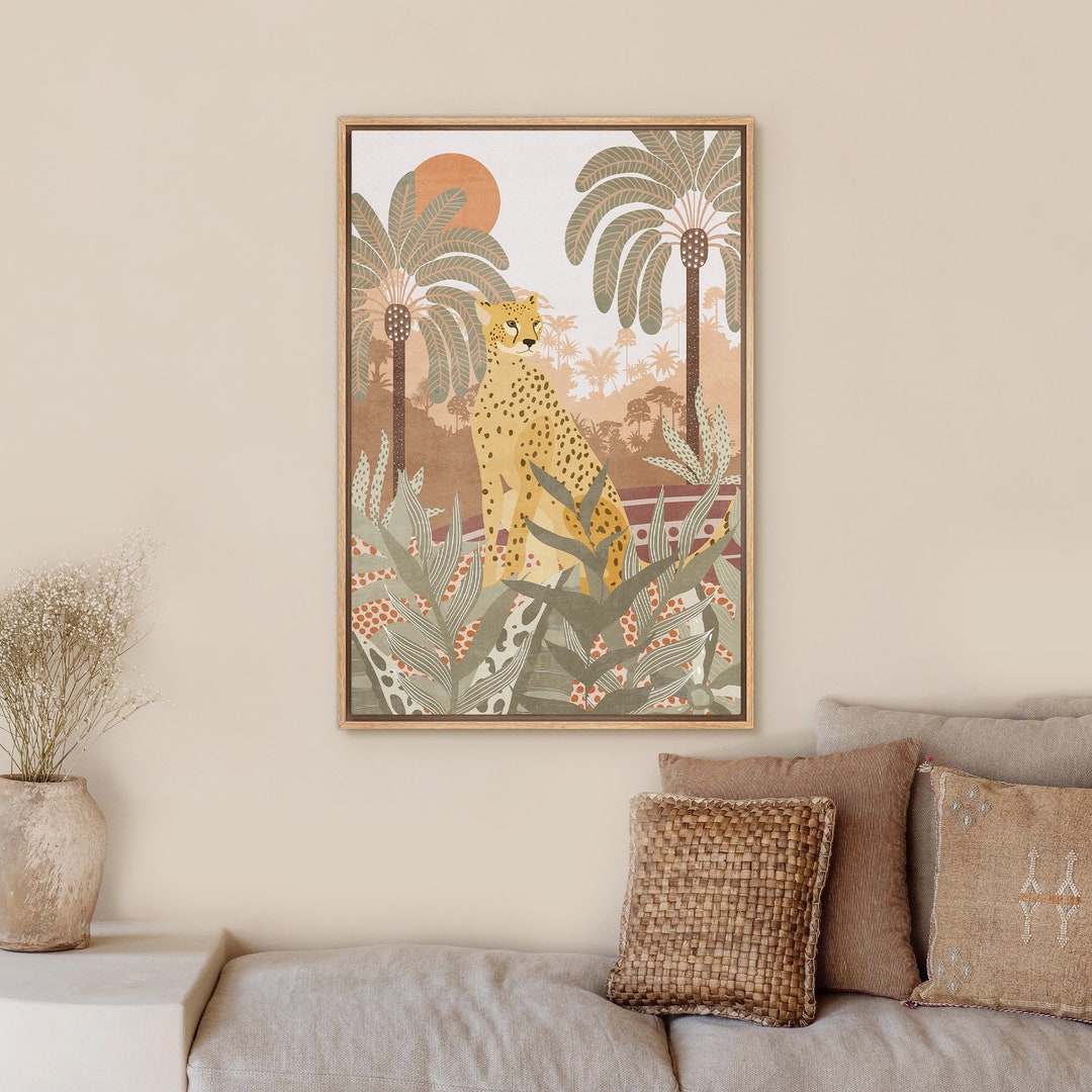 Framed Canvas Boho Wall Art, Tropical Spotted Cheetah Rainforest