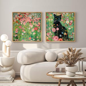 2 Pieces Framed Canvas Wall Art Gustav Klimt Black Cat in Wildflower ...