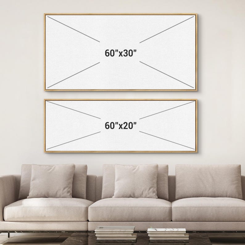 May include: Two rectangular framed canvas art pieces, one above the other, with the dimensions 60"x30" and 60"x20" respectively. The frames are a light brown color. The text "60"x30"" and "60"x20"" are printed on the canvas. The art is displayed above a beige sofa.