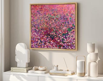 Framed Canvas Wall Art Print Abstract Red Pink Wildflower Filed Botanical Floral Art Print Minimalist Modern Boho Wall Art Living Room Decor