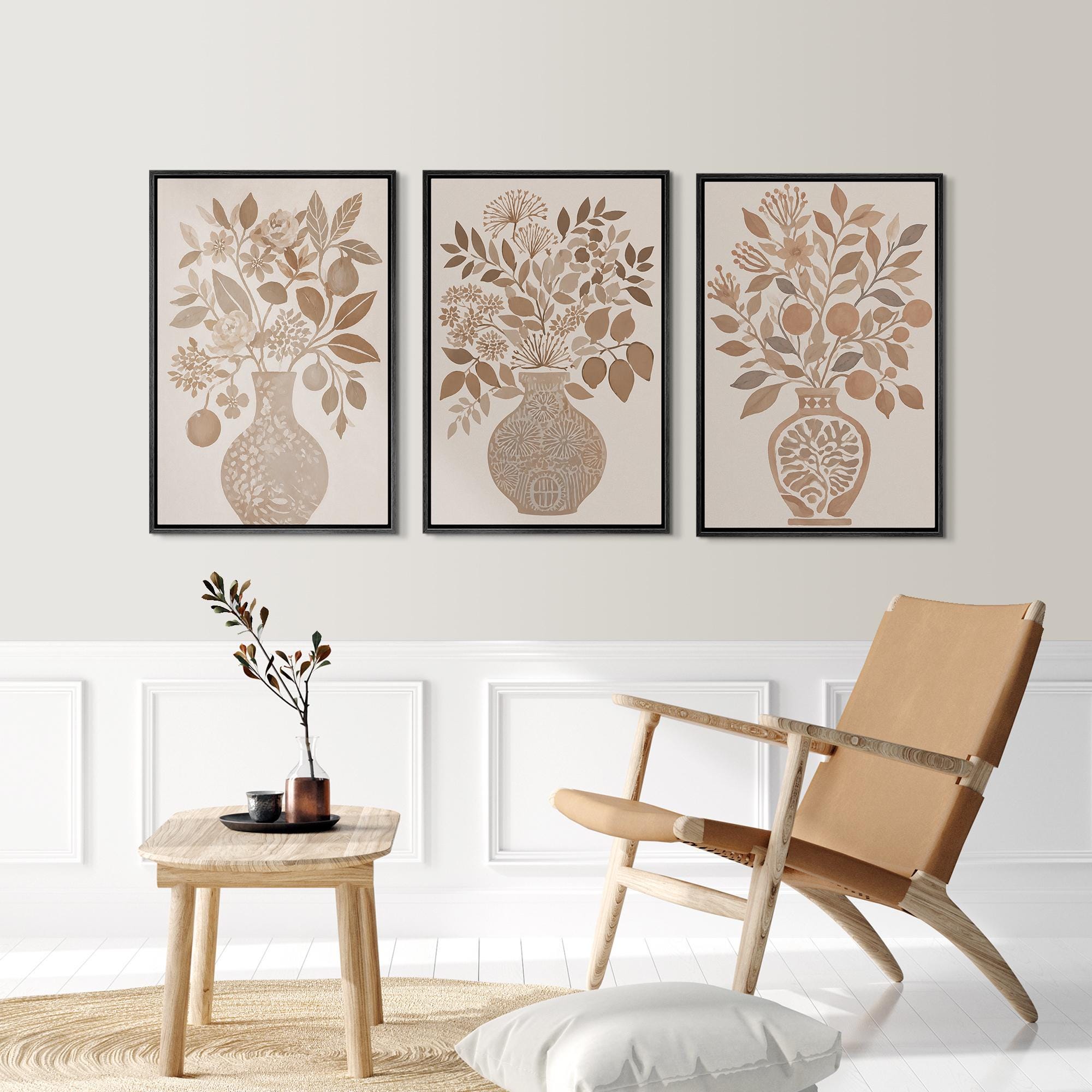 Neutral Botanical Vase Framed Wall Art Set of 3, Beige Floral Still ...