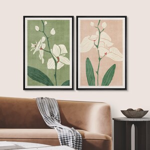 Pu&ograve; includere: Due stampe incorniciate di fiori di orchidea bianchi con foglie verdi su uno sfondo chiaro. La stampa a sinistra ha uno sfondo verde e la stampa a destra ha uno sfondo rosa chiaro.