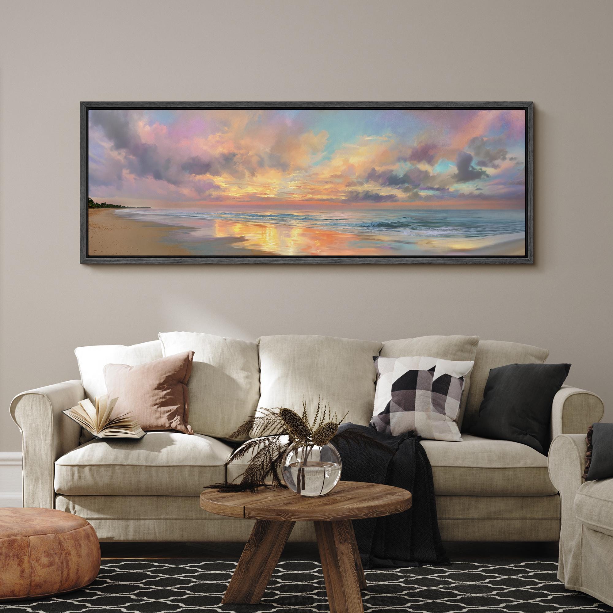 Colorful Ocean Sunset Wall Art, Large Framed Pastel Sky Seascape Canvas ...