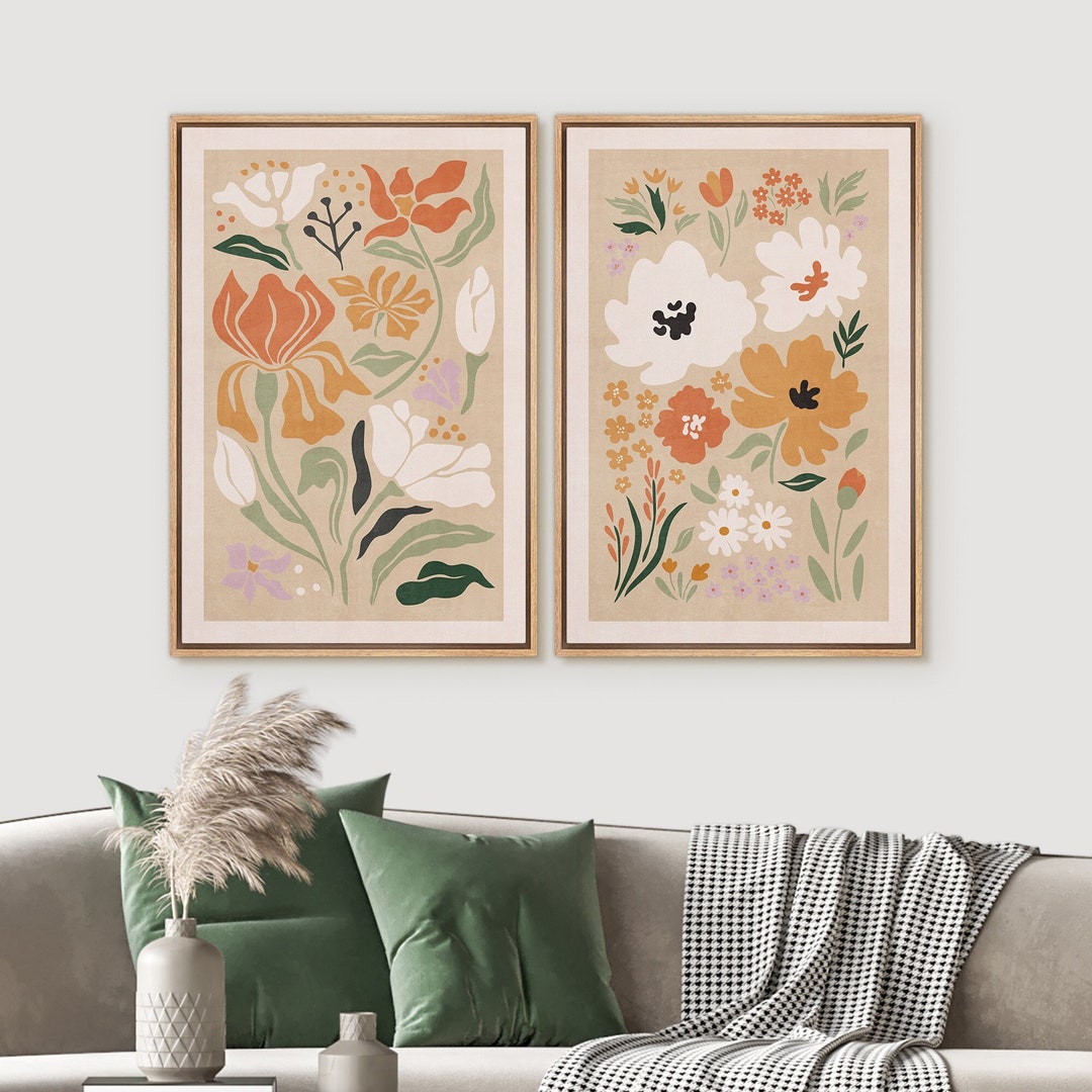 Set of 2 Flower Print Wall Art Midcentury Gallery Etsy