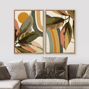 Set of 2, Mid-Century Modern, Abstract, Rainbow Tropical Plants, Botanical Flower, Nature and Wilderness Artwork, Art Deco Wall Art