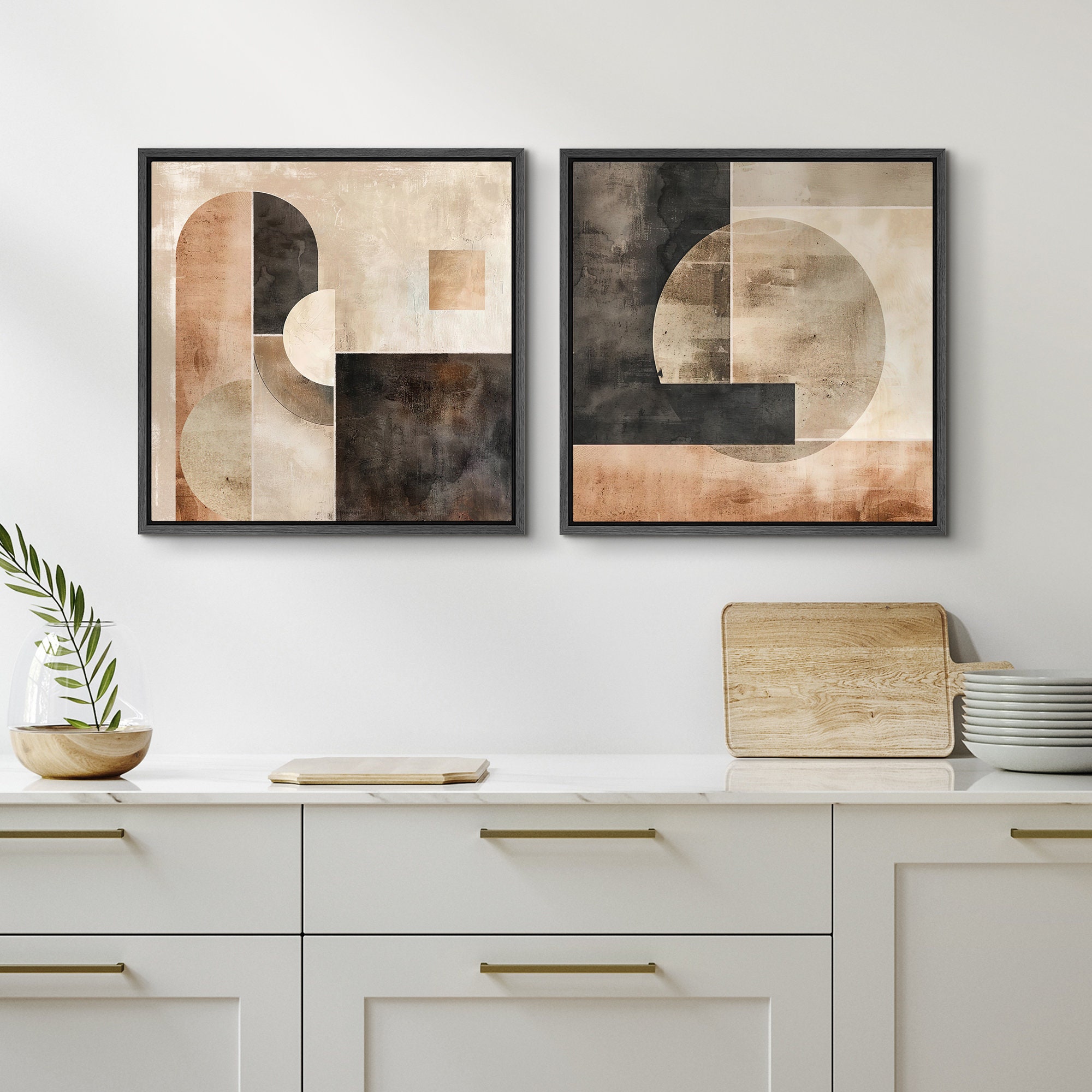2 Pieces Framed Canvas Wall Art Prints Abstract Beige Brown Geometric ...