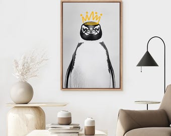 Framed Canvas Wall Art Print Cute Queen Penguin Painting Printed Abstract Minimalist Modern Nursery Room Wall Decor