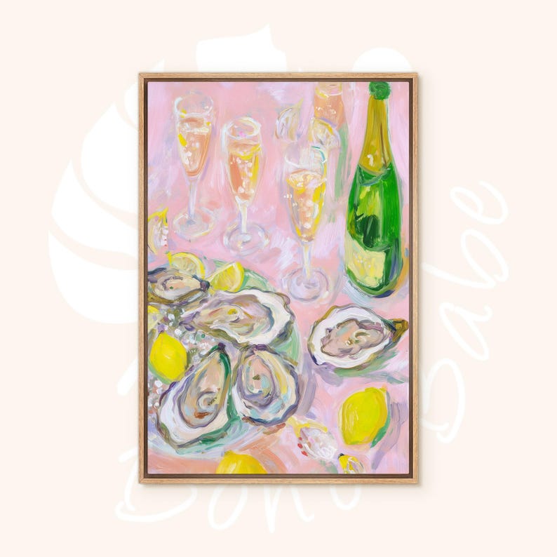 May include: An artistic painting of a celebratory scene. The artwork features a green champagne bottle, fluted glasses filled with a bubbly beverage, oysters, and lemon slices on a pink background. The painting is framed in a wooden frame.