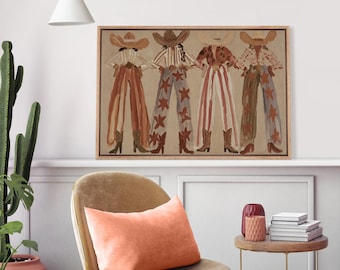 Può includere: Una stampa artistica rettangolare incorniciata che presenta un'illustrazione dipinta di quattro figure che indossano cappelli da cowboy e pantaloni a fantasia. Le figure sono raffigurate dalla vita in giù con motivi a stelle e strisce in tonalità marroni.
