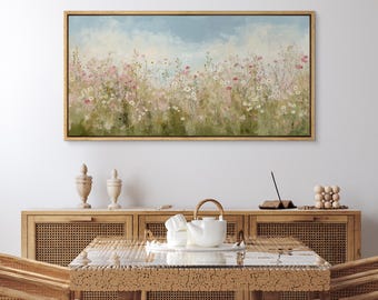 Large Framed Soft Wildflower Meadow Wall Art, Pastel Floral Landscape Canvas Print, Botanical Nature Artwork for Bedroom Decor