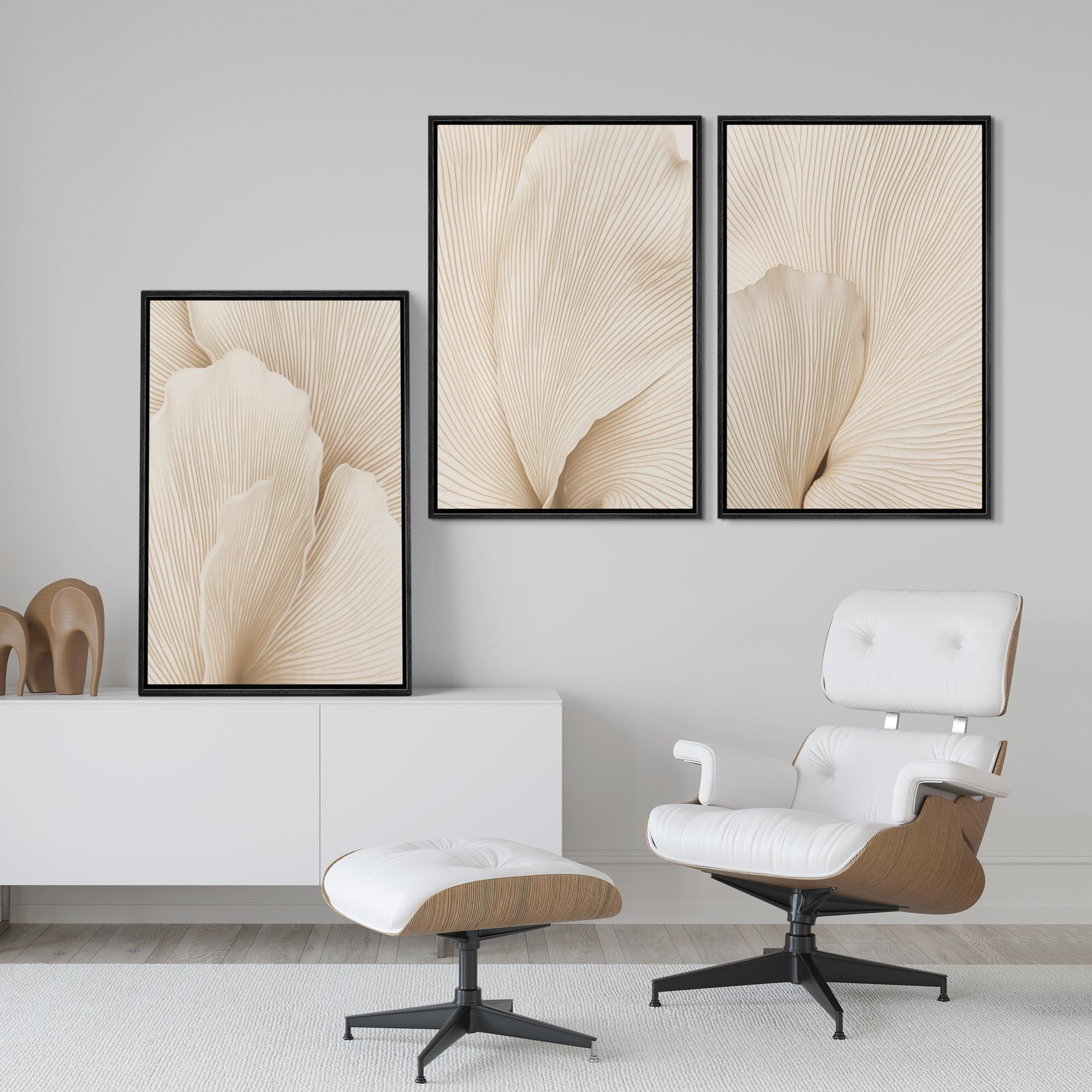 Neutral Wall Art, Botanical Art, Set of 3 Framed Canvas Beige Flower ...