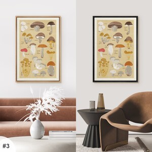 May include: Two framed prints of mushroom illustrations with beige backgrounds and black frames. The prints feature various types of mushrooms with their names written in cursive.
