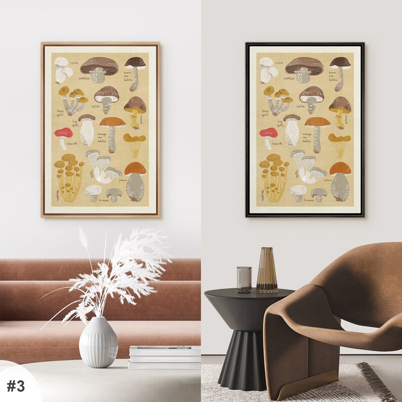 May include: Two framed prints of mushroom illustrations with beige backgrounds and black frames. The prints feature various types of mushrooms with their names written in cursive.
