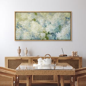 Hydrangea Wall Art - Large Framed Impressionist Print, Soft White & Blue Floral Painting, Cottagecore Decor for Living Room or Bedroom