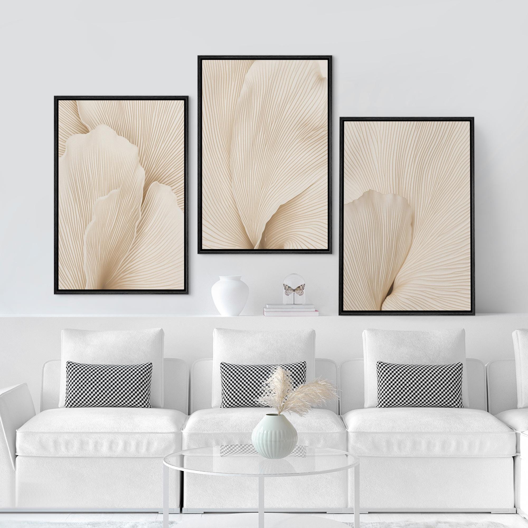 Neutral Wall Art, Botanical Art, Set of 3 Framed Canvas Beige Flower ...