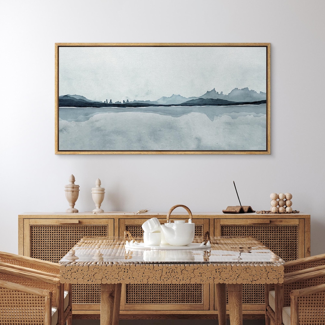 Framed Canvas Large Wall Art Abstract Navy Blue Mountain Lake Landscape ...